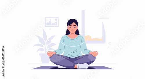 Illustration of a serene woman meditating in lotus position on a yoga mat in a peaceful home environment with a plant and window.