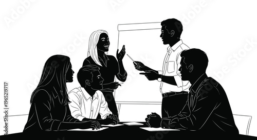 Dynamic group of professional business people actively engaged in an important collaborative meeting, where a male presenter is passionately discussing strategic ideas and concepts with engaged collea