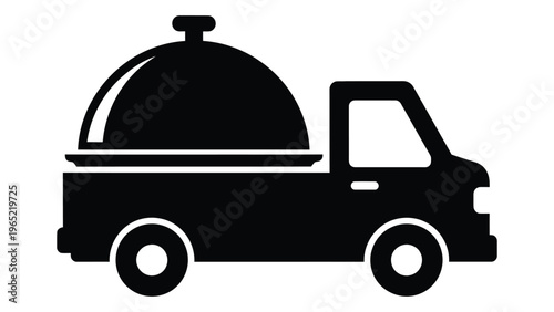 Black silhouette of a food truck with a covered serving dish