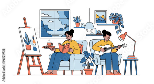 Illustration of a man playing guitar and a woman reading on a couch in a cozy living room with a painting easel and plants around them.