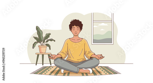 Illustration of a serene woman meditating on a colorful rug in a peaceful room with a plant and window.
