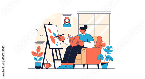 A woman sits in an armchair painting on an easel with a laptop and video call in a cozy room with plants.