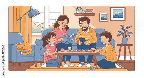 A family of four playing a board game together on the floor in a cozy living room with warm tones and casual clothing.