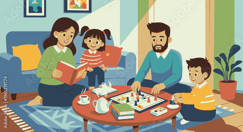 A family of four spends quality time together in a cozy living room with a board game and books.