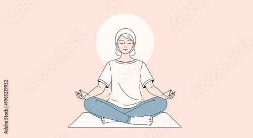 Flat illustration of a serene woman meditating in lotus position on a mat with a glowing aura against a soft pink background.