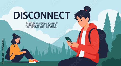 Two young women sitting in a serene natural setting with mountains and trees, one engrossed in her phone while the other looks disconnected, rendered in a vibrant and stylized graphic