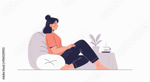 Illustration of a relaxed woman sitting on a bean bag chair with a cup of coffee on a side table in a minimalist setting.