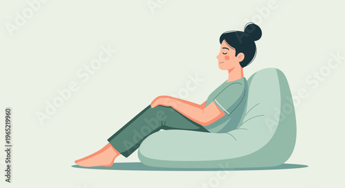 Illustration of a relaxed young woman sitting on a bean bag chair in a calm and serene environment with soft green tones.