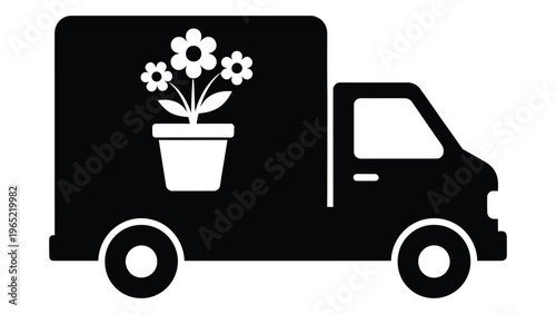 Black silhouette of a delivery truck with a flower pot