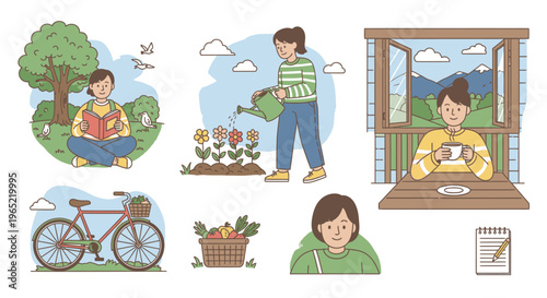 Illustration of a person engaging in various activities like gardening, biking, and reading in a scenic outdoor setting with mountains.
