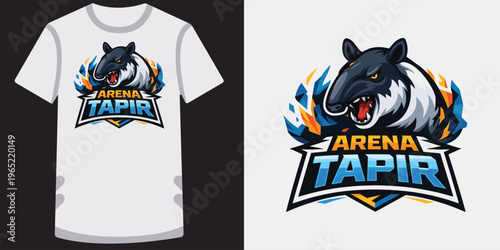 Modern stylish esports gaming logo featuring a fierce snarling wolf with vibrant blue and orange flames design on a tshirt mockup