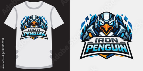 Modern stylish esports gaming logo featuring a futuristic penguin mascot with robotic armor and icy elements perfect for tshirt design and merchandise