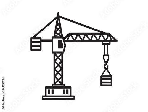 Crane, construction crane, tower crane, industrial crane, black line icon isolated on White Background