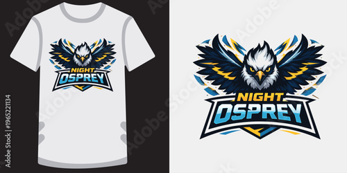 Stylish graphic design of fierce owl mascot logo with spread wings and intense expression for sports team or esports branding on tshirt mockup