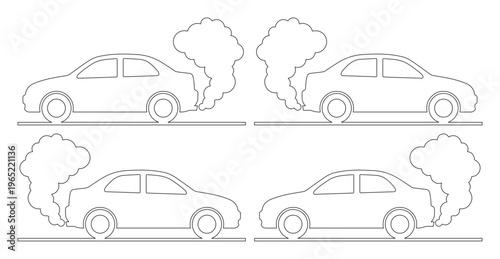 Car exhaust fumes vector illustration, air pollution concept, environmental impact of vehicle emissions, global warming and climate change graphic resource, black and white line art