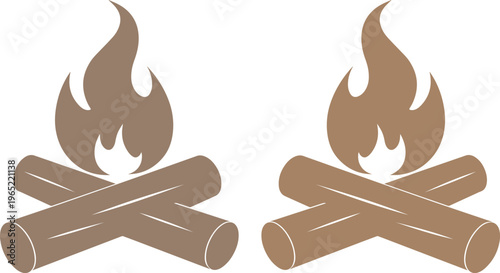 Fogata rústica con troncos de madera, iconos de fuego estilo minimalista, ilustración vectorial de hoguera para camping y aventura