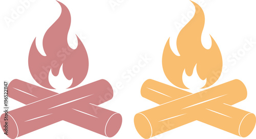 Fogata minimalista con leña cruzada, iconos de fuego en tonos pastel, ilustración vectorial de hoguera para camping y aventura