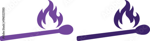 Iconos de cerillas encendidas en color morado, fósforos con llama estilizada, conjunto de vectores planos para diseño gráfico y logotipos