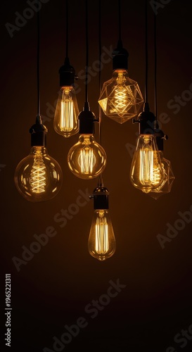 Modern decorative electric bulbs hanging down from the ceiling creating a warm glowing illumination in darkness and negative space, illumination, shadow, lamp