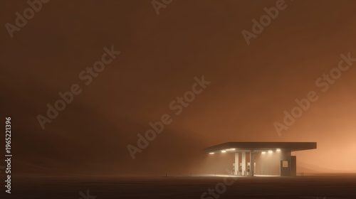 Futuristic dystopian gas station surrounded by sandstorm