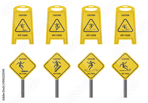 Set of yellow wet floor caution signs and warning road signs