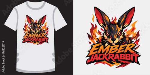 Vibrant graphic design featuring a stylized fiery jackrabbit with bold typography and dynamic flames illustration perfect for tshirt prints and graphic resources