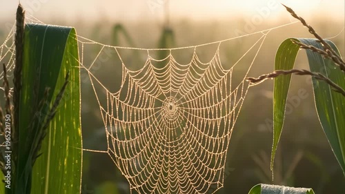 Slow motion tracking shot of dew covered spider web spanning corn leaves in sunrise field