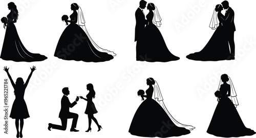 Set of elegant wedding silhouettes featuring bride in gown with bouquet, groom and bride romantic poses, marriage proposal, and joyful woman celebrating engagement or wedding