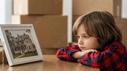 Sad Young Boy Looking at Photo of Old House During Family Relocation