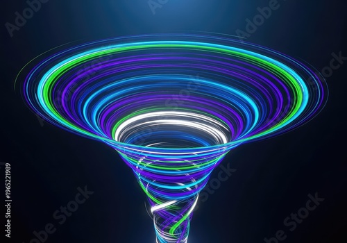 Dynamic digital background featuring an intense swirling motion simulating a funnel of light and energy. Perfect for abstract technology themes, colorful, lines, vortex