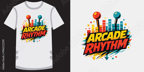 Vibrant retro arcade rhythm game design on a stylish white tshirt perfect for gaming enthusiasts and fans of colorful typography and fun graphics