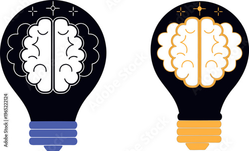 Brain in light bulb icon set. Creative, generating idea, solution , knowledge, lamp - stock vector.
