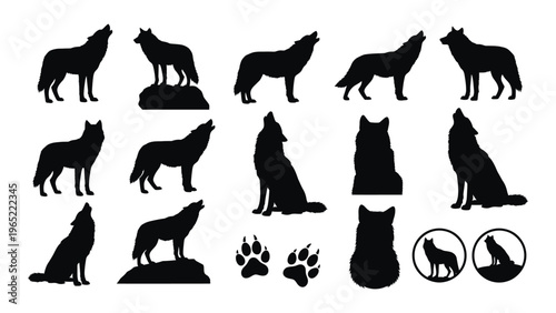 Collection of wolf silhouettes in various poses