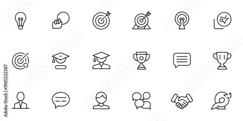 Set of 15 black and white linear icons depicting various forms of human connection and relationships