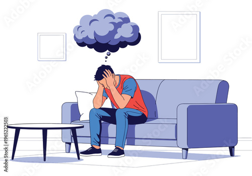 Modern illustration of stressed man sitting on sofa holding his head with symbolic cloud above, representing anxiety, depression, and mental health struggles at home