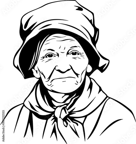 Hand Drawn Elderly Female Farmer Black and White Illustration in Minimal Solid Art Style Design