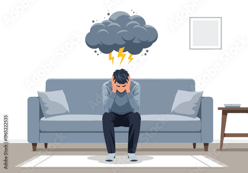 Modern illustration of stressed man sitting on sofa holding his head with symbolic cloud above, representing anxiety, depression, and mental health struggles at home