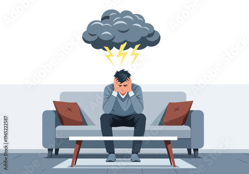 Modern illustration of stressed man sitting on sofa holding his head with symbolic cloud above, representing anxiety, depression, and mental health struggles at home