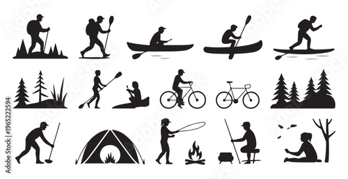Outdoor adventure silhouettes set includes hiking, kayaking, cycling, camping, fishing, and relaxation activities