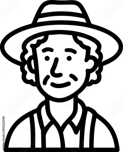 Hand Drawn Elderly Female Farmer Black and White Illustration in Minimal Solid Art Style Design