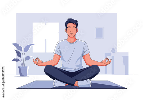 Modern illustration of man meditating calmly indoors, representing mindfulness, relaxation, emotional balance, and mental health improvement through meditation practice