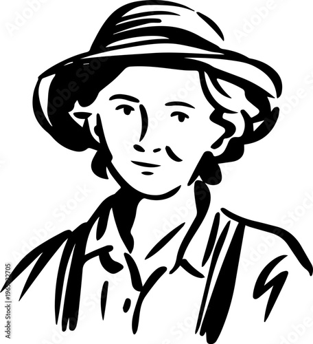 Hand Drawn Elderly Female Farmer Black and White Illustration in Minimal Solid Art Style Design