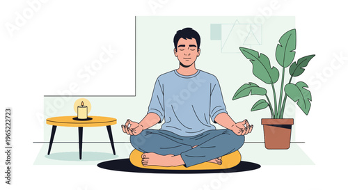 Modern illustration of man meditating calmly indoors, representing mindfulness, relaxation, emotional balance, and mental health improvement through meditation practice