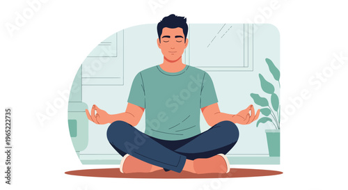 Modern illustration of man meditating calmly indoors, representing mindfulness, relaxation, emotional balance, and mental health improvement through meditation practice