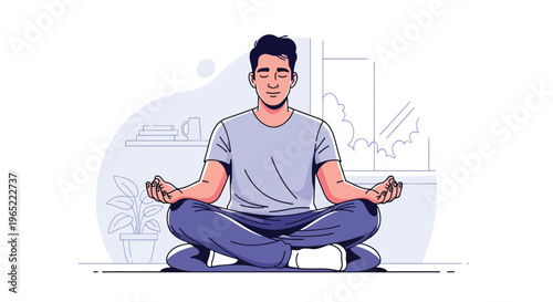 Modern illustration of man meditating calmly indoors, representing mindfulness, relaxation, emotional balance, and mental health improvement through meditation practice