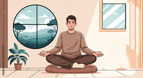 Modern illustration of man meditating calmly indoors, representing mindfulness, relaxation, emotional balance, and mental health improvement through meditation practice