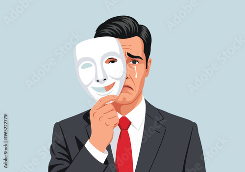 Modern illustration of businessman hiding sadness behind smiling mask, symbolizing emotional suppression, workplace stress, and hidden mental health struggles