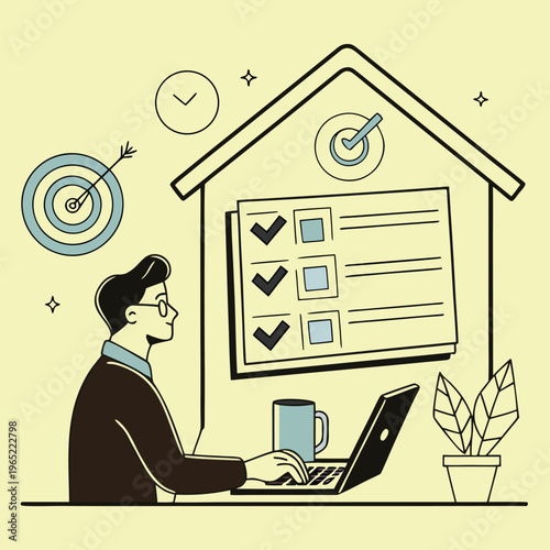 Businessman working from home, remote work illustration, productivity concept, office tasks