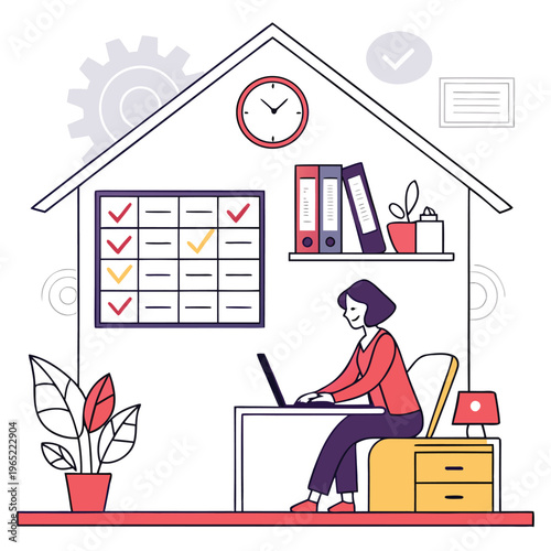 Remote worker, home office, woman at desk with laptop, productivity chart, minimalist illustration