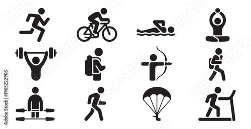 Collection of sports and fitness icons running, cycling, swimming, yoga, weightlifting, archery, hiking